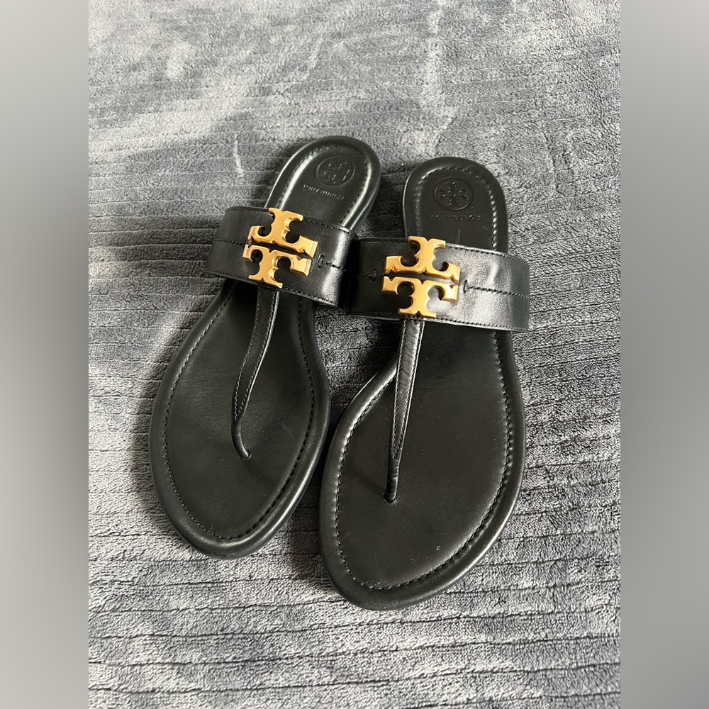 Tory Burch Everly Backless Flat Thong Women's Black Calf Leather Sandal Size 9M